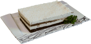 MALIBU - Ciemny biszkopt i ciasto karmelowe przełożone masą kokosową, posypane wiórkami kokosowymi.