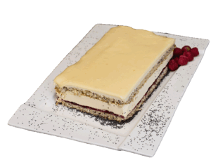 Makowa panienka - Ciasto biszkoptowe z makiem, kremem waniliowo-budyniowym oraz nadzieniem malinowym, polane białą czekoladą