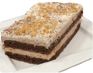 MICHAŁEK – biszkopt czekoladowy przesmarowany marmolada, przełożony masą czekoladową z kawałkami orzeszków i herbatników udekorowany śmietaną.
