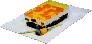 LODOWIEC- Ciasto biszkoptowe przełożone masą śmietankową z galaretkami i udekorowane mandarynkami oblanymi galaretką.